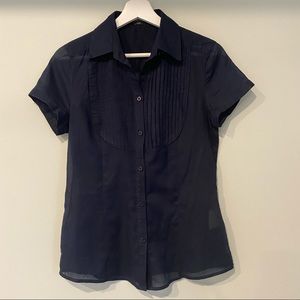 Tuxedo front, dark navy blouse